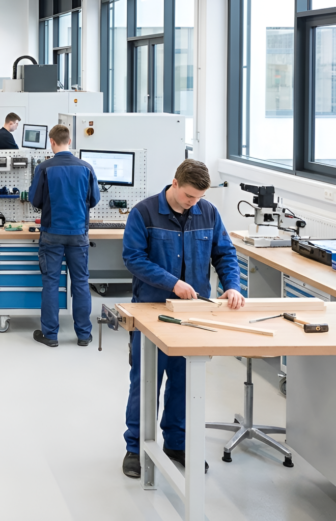 Two male vocational trainees in a German training workshop working with tools and machinery during practical Ausbildung training.